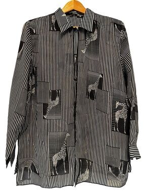 VTG WON MOA Black White Giraffe Print Button Front Blouse XL Striped Animal